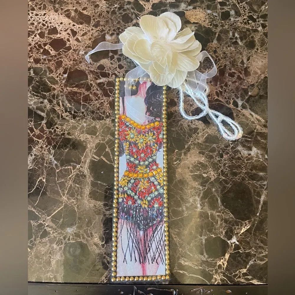 DIAMOND Painted Bookmark with Flower Appliqué.